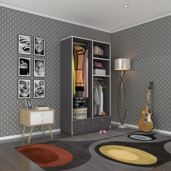 Kenzlife giysi dolabı 2 bölmeli 2 çekmeceli bedri 182*100*42 gri dolap kapaksız - Image 1