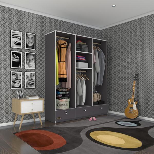 Kenzlife giysi dolabı 3 bölmeli 3 çekmeceli hamit150 gri dolap kapaksız - Image 1