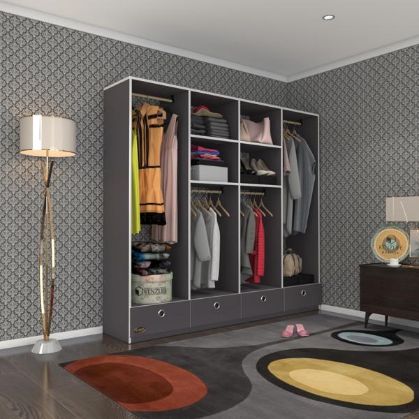 Kenzlife giysi dolabı 4 bölmeli 4 çekmeceli kamil 182*200*42 gri dolap kapaksız - Image 1