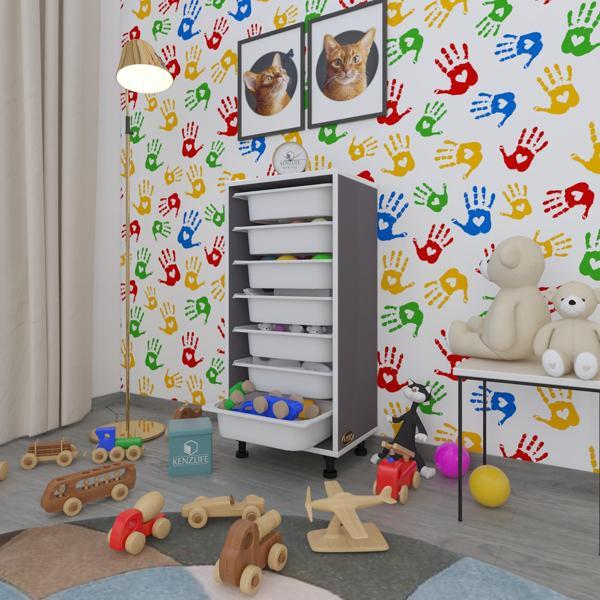 Kenzlife sepetli mutfak dolabı ruberu gri 098x45x30 banyo oyuncak çamaşır beyaz 7 li sepet - Image 1
