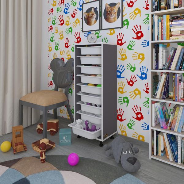 Kenzlife sepetli mutfak dolabı ruberu gri 122x45x30 banyo oyuncak çamaşır beyaz 9 lu sepet - Image 1