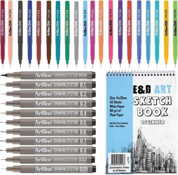 E&D ART ** Beginner Sketch Book + Artline 200 20'li + Drawing 11'li Set ** - Image 1