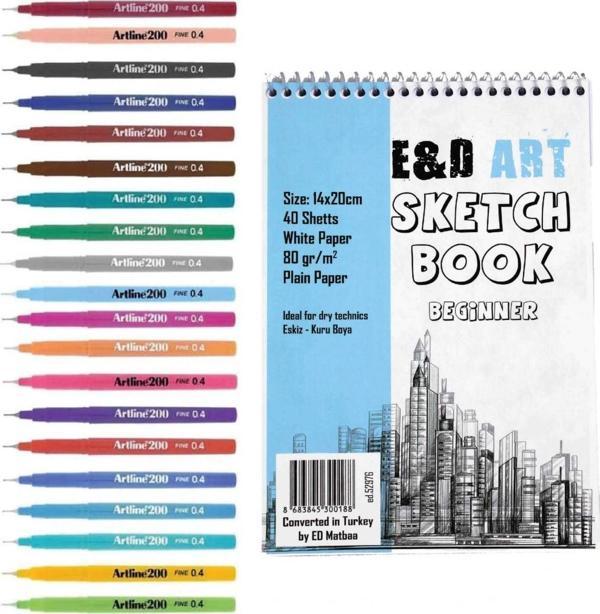 E&D ART Beginner Sketch Book + Artline 200 20'li Set - Image 1
