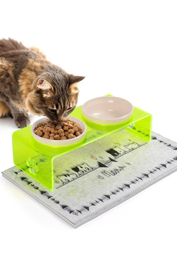 2'li Yeşil Pleksi Dekoratif Kedi Ve Köpek Seramik Mama & Su Kabı Paspas Hediye - Image 1