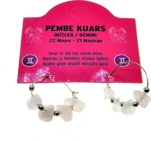 Doğaltaş İkizler Burçu Pembe Kuars Taşı Burç Küpe - 2335 - Image 1