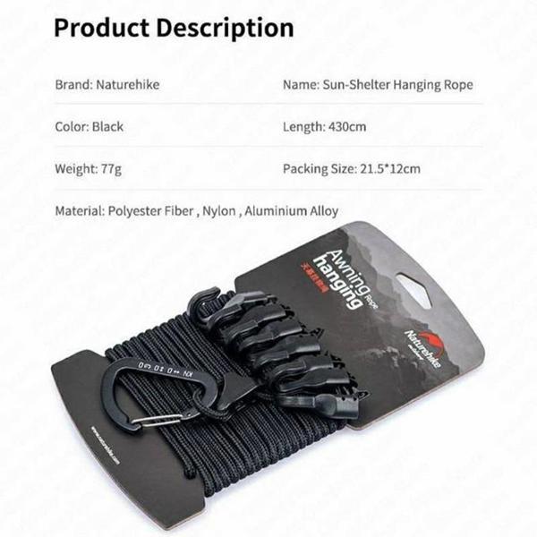 Naturehike Çok Fonksiyonlu Kancalı Ayarlanabilir Asma İpi 4.3 mt Dark Grey - Image 1