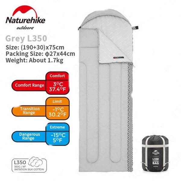 Naturehike L350 Zarf Tarzı Kapüşonlu Uyku Tulumu -15°C GRİ-Right - Image 1