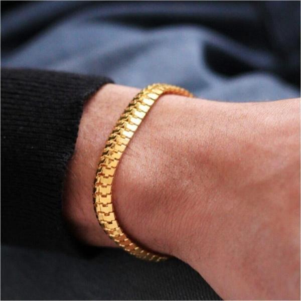 Erkek Kadın Unisex Gold Yassı Tırtıl Birbirine Geçmeli Model Künye Bileklik - 453 - Image 1