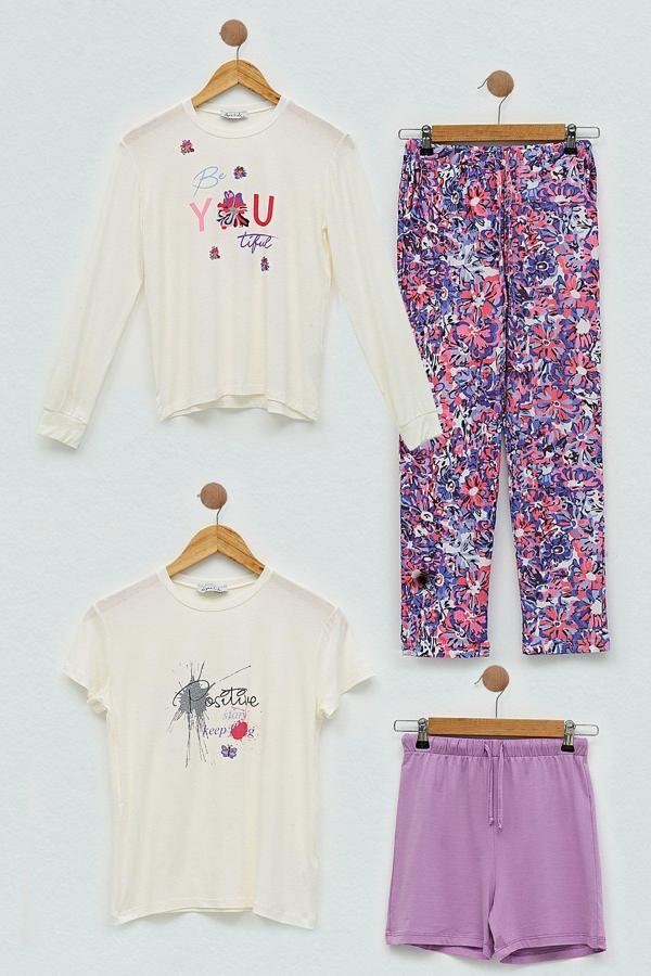 4'lü You Çicek Baskılı Lila Pijama Takım - Image 1