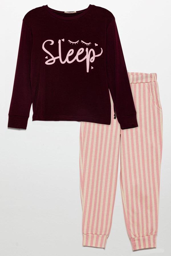 Sleep Baskılı Doğal Viskon Bordo Pijama Takımı - Image 1