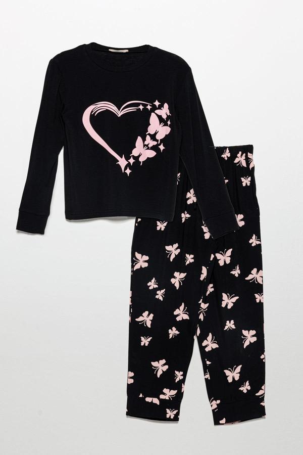 Kelebek Baskılı Doğal Viskon Siyah Pijama Takımı - Image 1