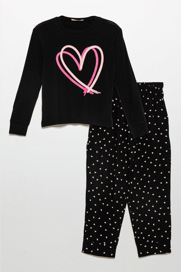 Kalp Baskılı Doğal Viskon Siyah Pijama Takımı - Image 1