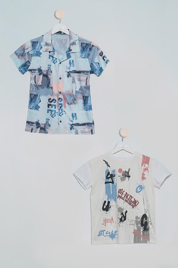 2'li See Baskılı Gömlek Tshirt İndigo Takım - Image 1