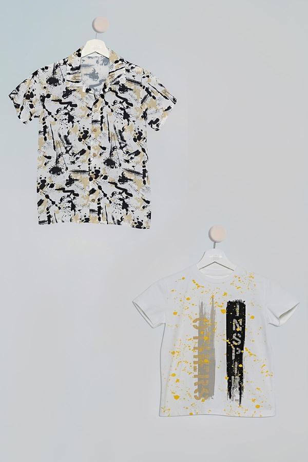 2'li Siyah Kahve Baskılı Gömlek Tshirt Takım - Image 1