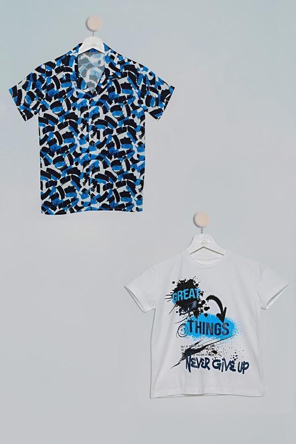 2'li Fırça Baskılı Gömlek Tshirt Saks Takım - Image 1