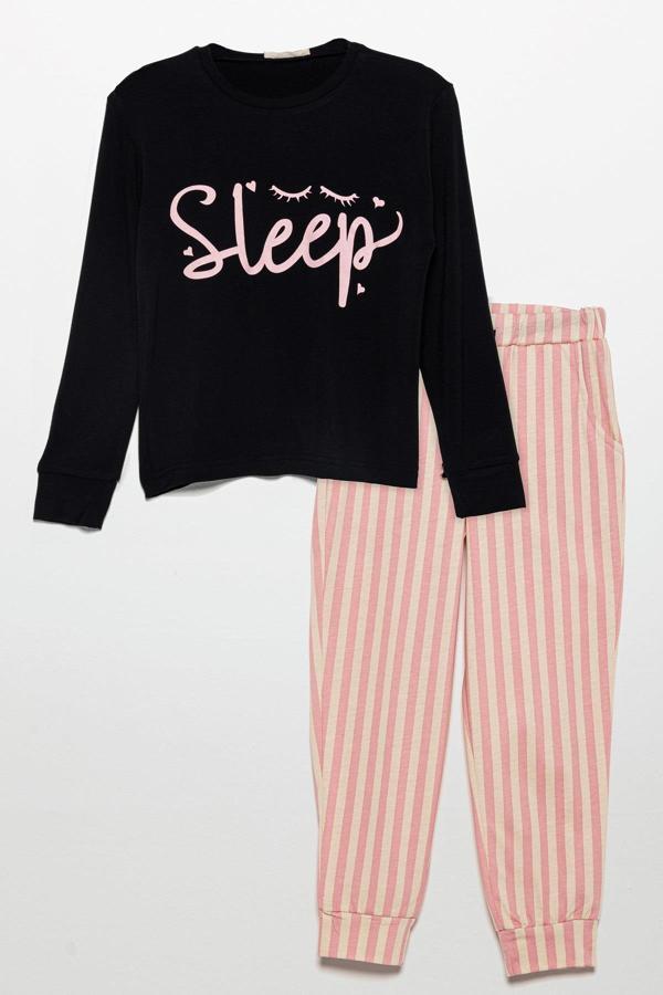 Sleep Baskılı Doğal Viskon Siyah Pijama Takımı - Image 1