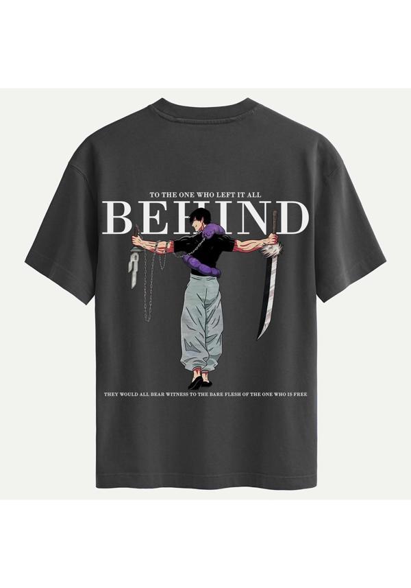 Unisex Bisiklet Yaka %100 Organik Pamuklu Kalın Dokulu Behind Baskılı Oversize T-shirt - FÜME - Image 1