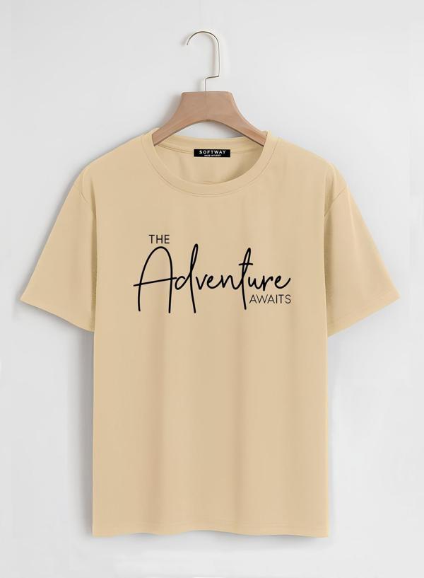 Unisex Oversize Bisiklet Yaka Adventure Baskılı Basic T-Shirt - BEJ - Image 1