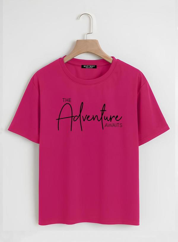 Unisex Oversize Bisiklet Yaka Adventure Baskılı Basic T-Shirt - FUŞYA - Image 1
