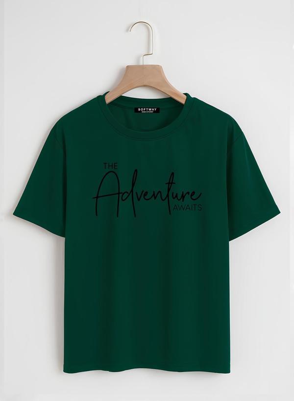 Unisex Oversize Bisiklet Yaka Adventure Baskılı Basic T-Shirt - KOYU YEŞİL - Image 1