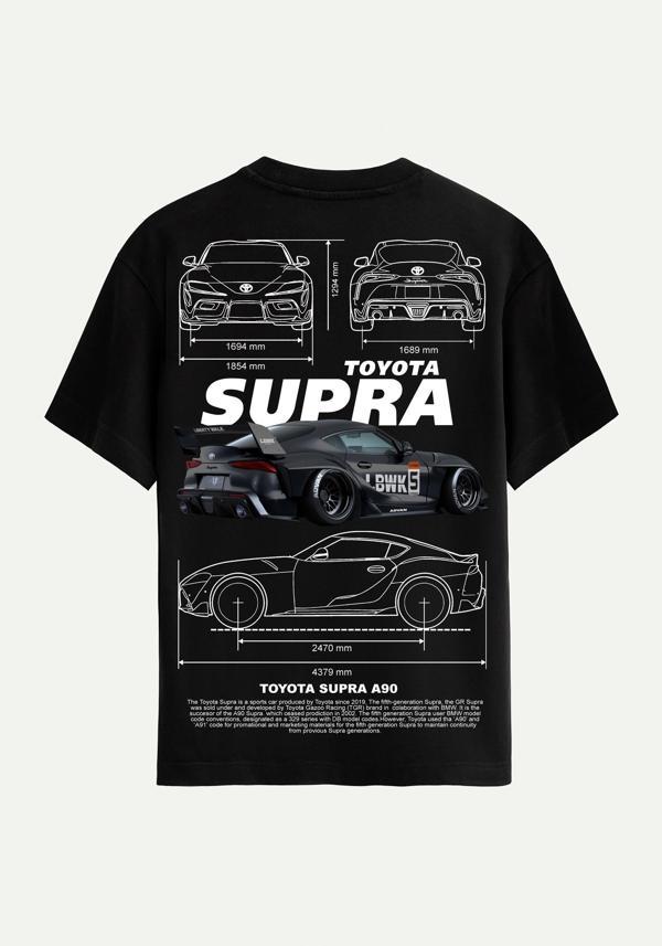 Unisex Bisiklet Yaka %100 Organik Pamuklu Kalın Dokulu Toyota Supra A90 Baskılı Oversize T-shirt - SİYAH - Image 1