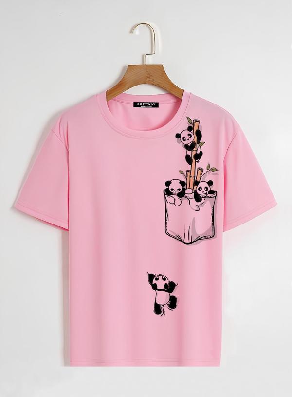 Unisex Oversize Bisiklet Yaka Climbing Panda Baskılı Basic T-Shirt - PEMBE - Image 1