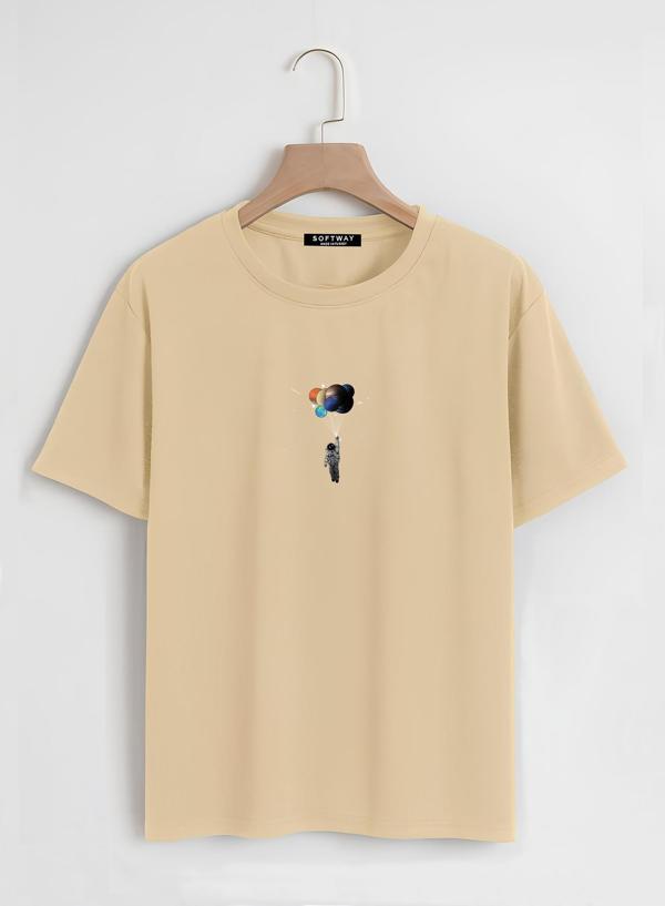 Unisex Oversize Bisiklet Yaka Balloon Astronaut Baskılı Basic T-Shirt - BEJ - Image 1