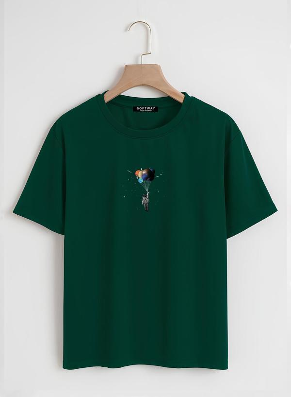 Unisex Oversize Bisiklet Yaka Balloon Astronaut Baskılı Basic T-Shirt - KOYU YEŞİL - Image 1