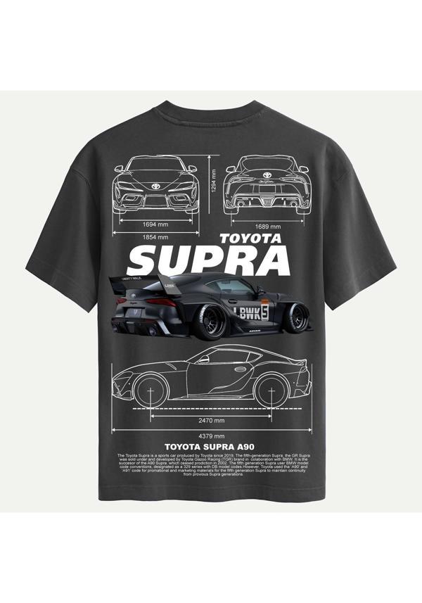 Unisex Bisiklet Yaka %100 Organik Pamuklu Kalın Dokulu Toyota Supra A90 Baskılı Oversize T-shirt - FÜME - Image 1