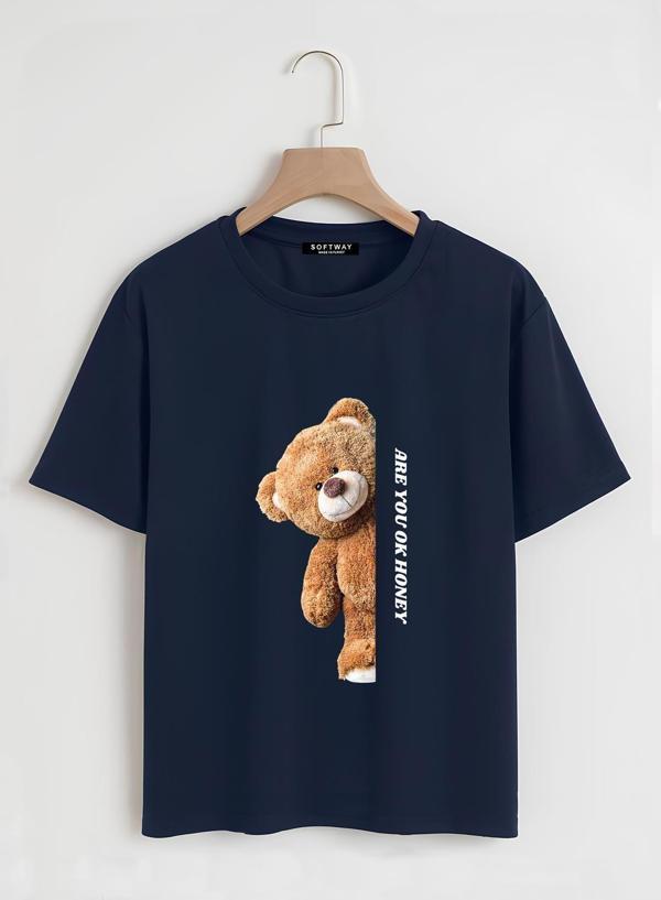 Unisex Oversize Bisiklet Yaka Are You Ok Honey Baskılı Basic T-Shirt - LACİVERT - Image 1