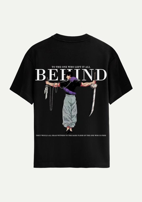 Unisex Bisiklet Yaka %100 Organik Pamuklu Kalın Dokulu Behind Baskılı Oversize T-shirt - SİYAH - Image 1