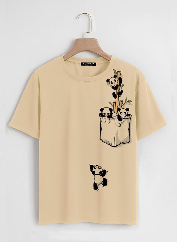 Unisex Oversize Bisiklet Yaka Climbing Panda Baskılı Basic T-Shirt - BEJ - Image 1