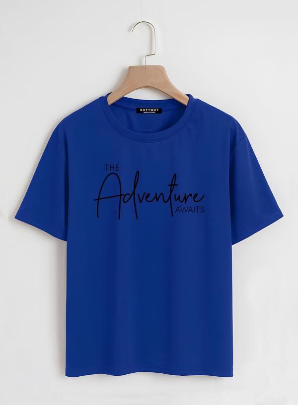 Unisex Oversize Bisiklet Yaka Adventure Baskılı Basic T-Shirt - SAKS MAVİSİ - Image 1