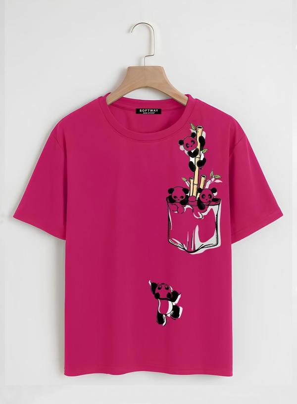 Unisex Oversize Bisiklet Yaka Climbing Panda Baskılı Basic T-Shirt - FUŞYA - Image 1