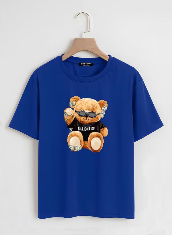 Unisex Oversize Bisiklet Yaka Billionaire Baskılı Basic T-Shirt - SAKS MAVİSİ - Image 1