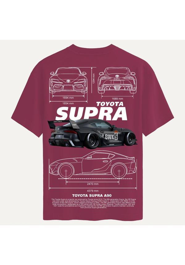 Unisex Bisiklet Yaka %100 Organik Pamuklu Kalın Dokulu Toyota Supra A90 Baskılı Oversize T-shirt - BORDO - Image 1
