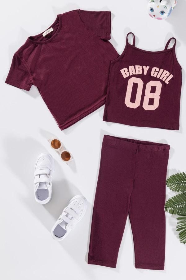 3'lü Baby Girl Baskılı Tshirt Atlet Tayt Bordo Takım - Image 1