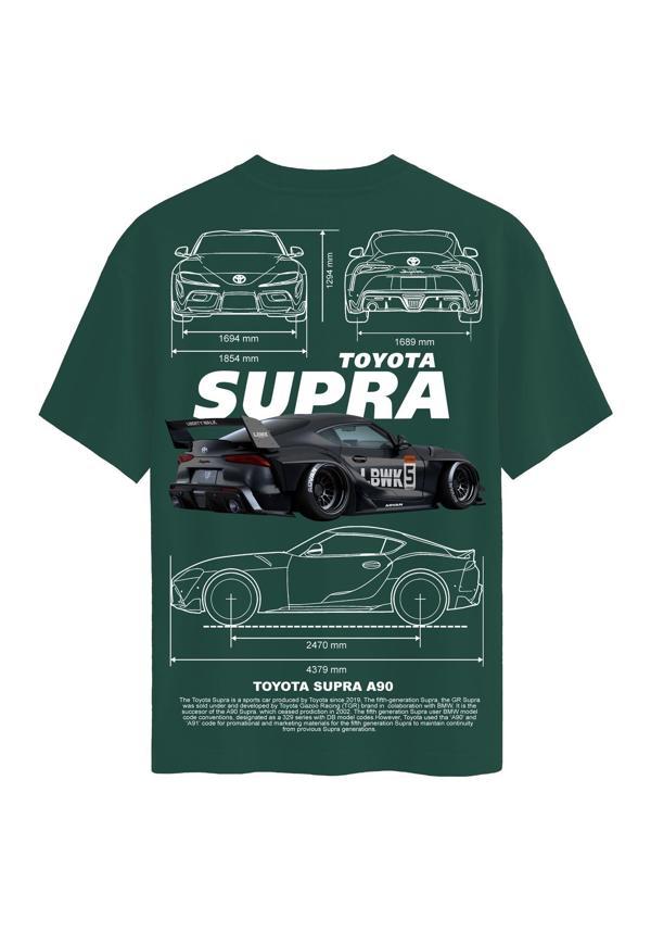 Unisex Bisiklet Yaka %100 Organik Pamuklu Kalın Dokulu Toyota Supra A90 Baskılı Oversize T-shirt - KOYU YEŞİL - Image 1