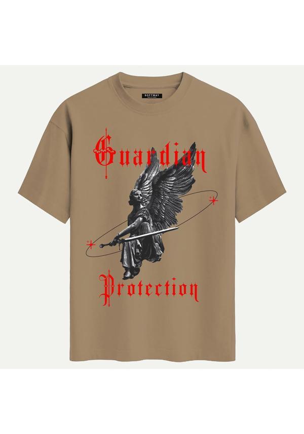 Unisex Bisiklet Yaka %100 Organik Pamuklu Kalın Dokulu Guardian Protection Baskılı Oversize T-shirt - AÇIK KAHVERENGİ - Image 1