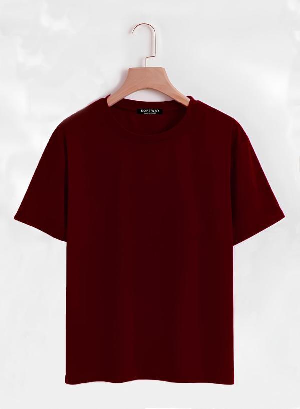 Unisex Oversize Bisiklet Yaka Düz Basic T-Shirt - BORDO - Image 1