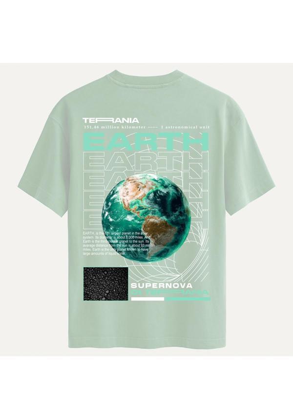 Unisex Bisiklet Yaka %100 Organik Pamuklu Kalın Dokulu Earth Baskılı Oversize T-shirt - BEJ - Image 1