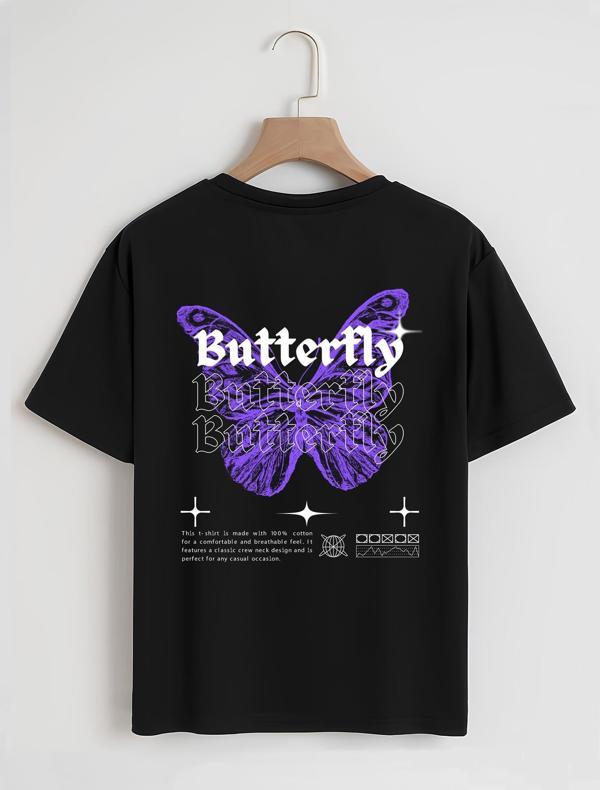 Unisex Oversize Bisiklet Yaka Butterfly Baskılı Basic T-Shirt - SİYAH - Image 1
