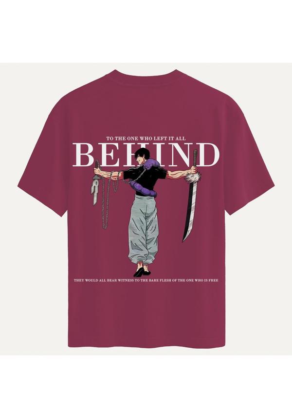 Unisex Bisiklet Yaka %100 Organik Pamuklu Kalın Dokulu Behind Baskılı Oversize T-shirt - BORDO - Image 1