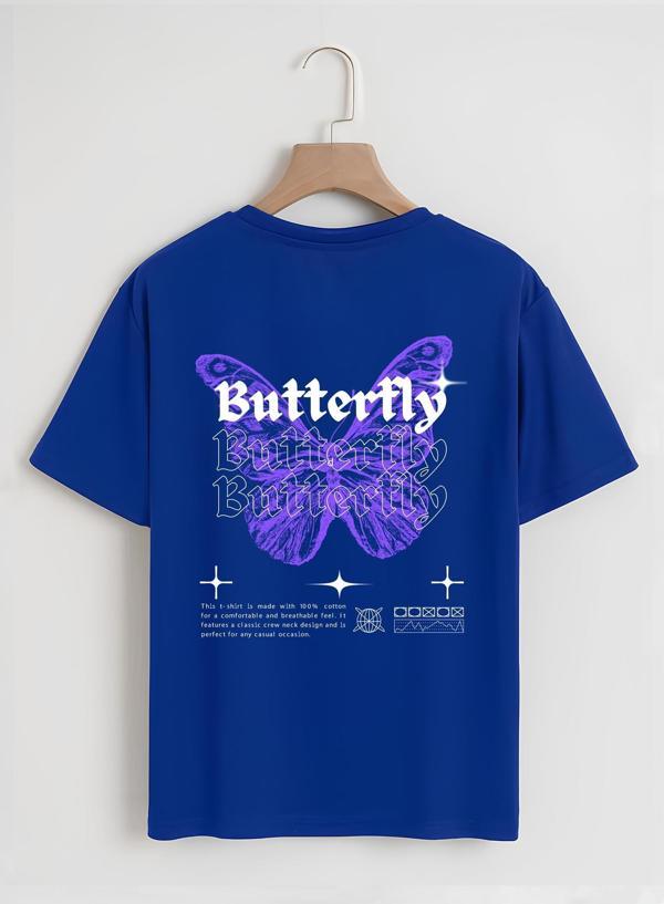 Unisex Oversize Bisiklet Yaka Butterfly Baskılı Basic T-Shirt - SAKS MAVİSİ - Image 1