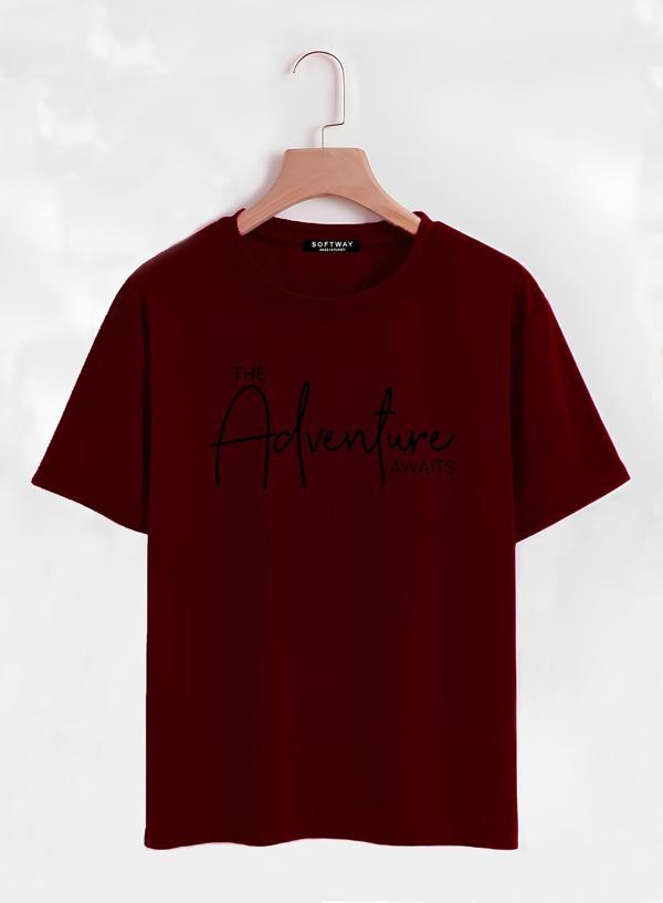 Unisex Oversize Bisiklet Yaka Adventure Baskılı Basic T-Shirt - BORDO - Image 1