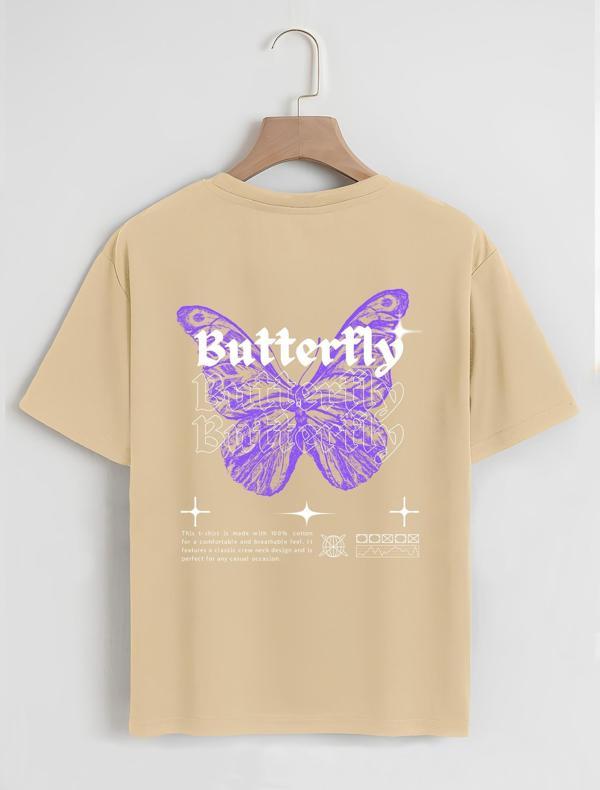 Unisex Oversize Bisiklet Yaka Butterfly Baskılı Basic T-Shirt - BEJ - Image 1