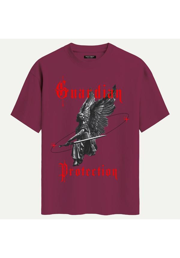 Unisex Bisiklet Yaka %100 Organik Pamuklu Kalın Dokulu Guardian Protection Baskılı Oversize T-shirt - BORDO - Image 1