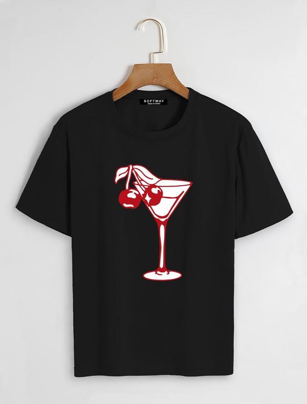 Unisex Oversize Bisiklet Yaka Cherry Cocktail Baskılı Basic T-Shirt - SİYAH - Image 1
