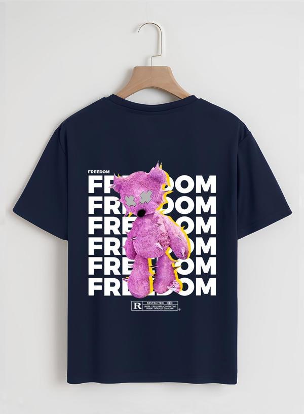 Unisex Oversize Bisiklet Yaka Freedom Baskılı Basic T-Shirt - LACİVERT - Image 1