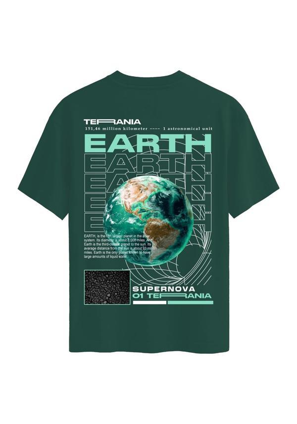 Unisex Bisiklet Yaka %100 Organik Pamuklu Kalın Dokulu Earth Baskılı Oversize T-shirt - KOYU YEŞİL - Image 1